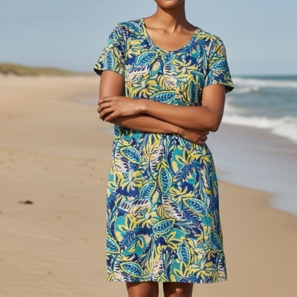 Stella Parker Collection Tropical Leaf Print Short‎ Sleeve T Shirt Dress Size L